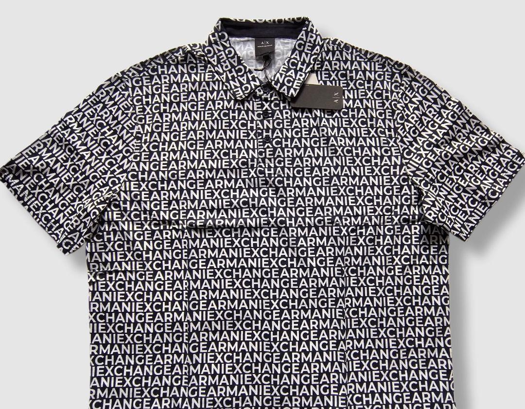 BIG XL ARMANI EXCHANGE ロゴ総柄 半袖ポロシャツ紺/白