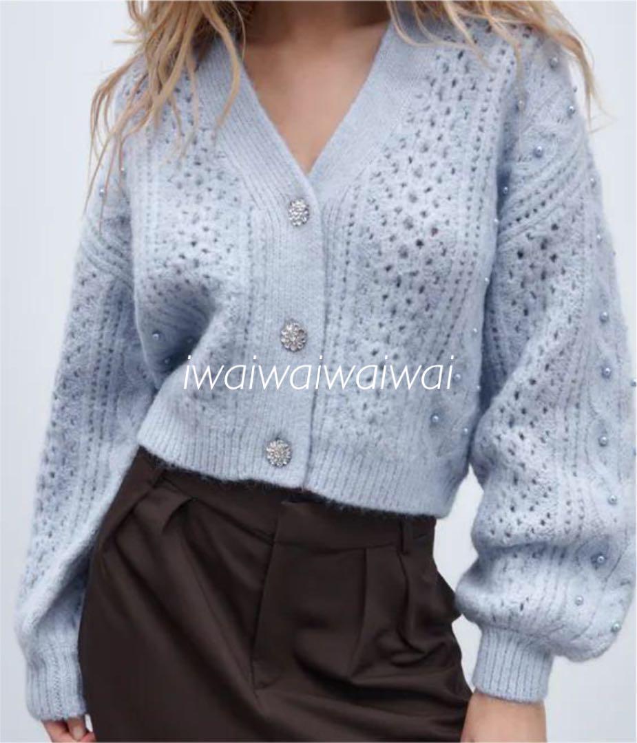 新品 ZARA L ビジュー ボタン 付き カーディガン ニット