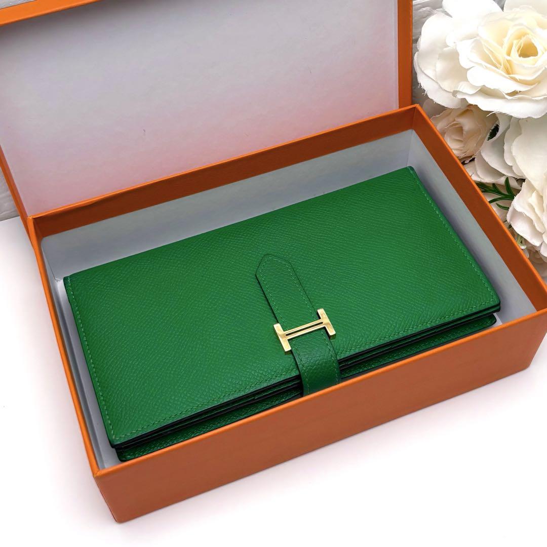 ゴールド金具✨️HERMES エルメス ベアン スフレ 長財布 緑 グリーン