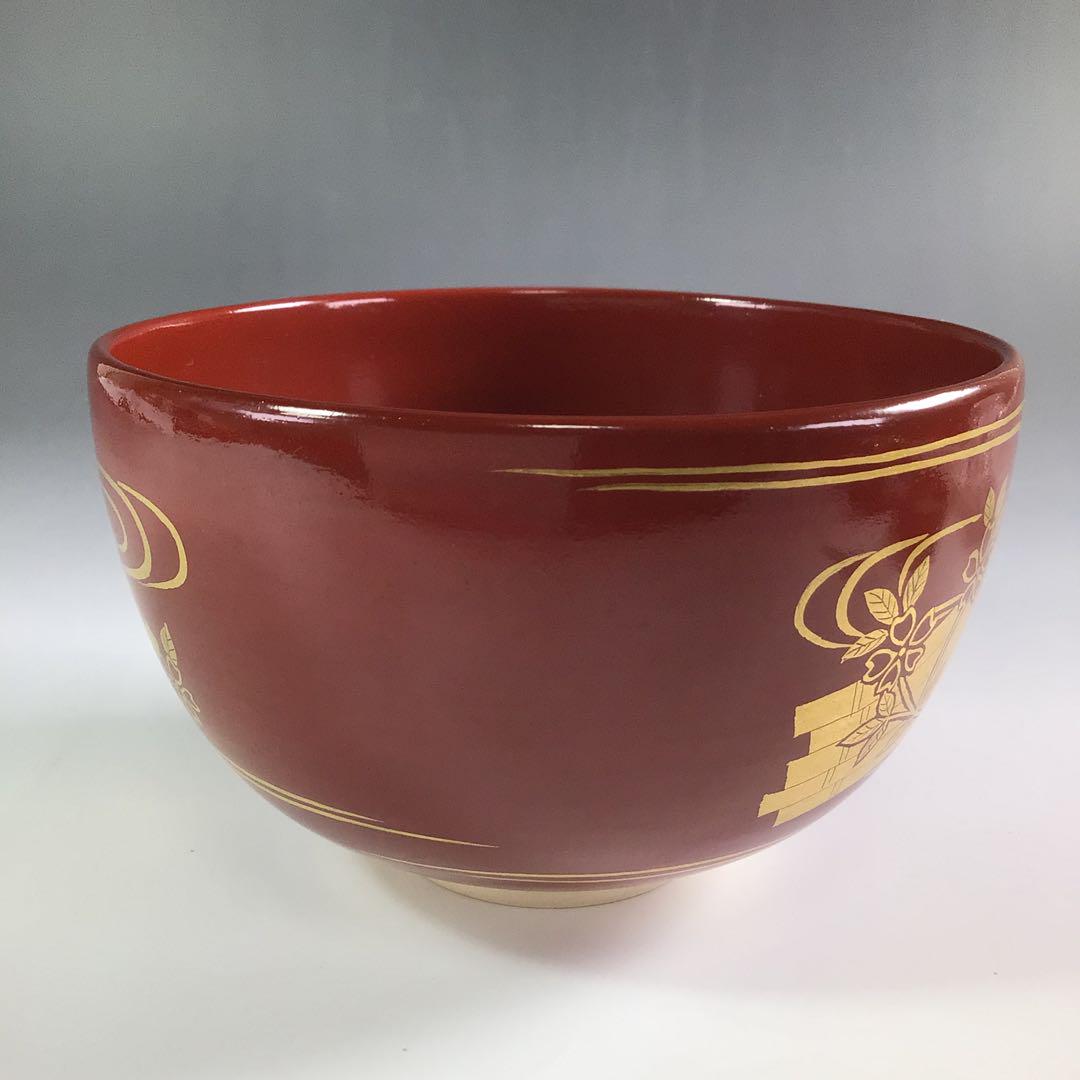 Ｒ４０８　茶碗　『粟田焼』『岡田佳山造』『金欄手花筏文』　抹茶碗　共箱　茶道具