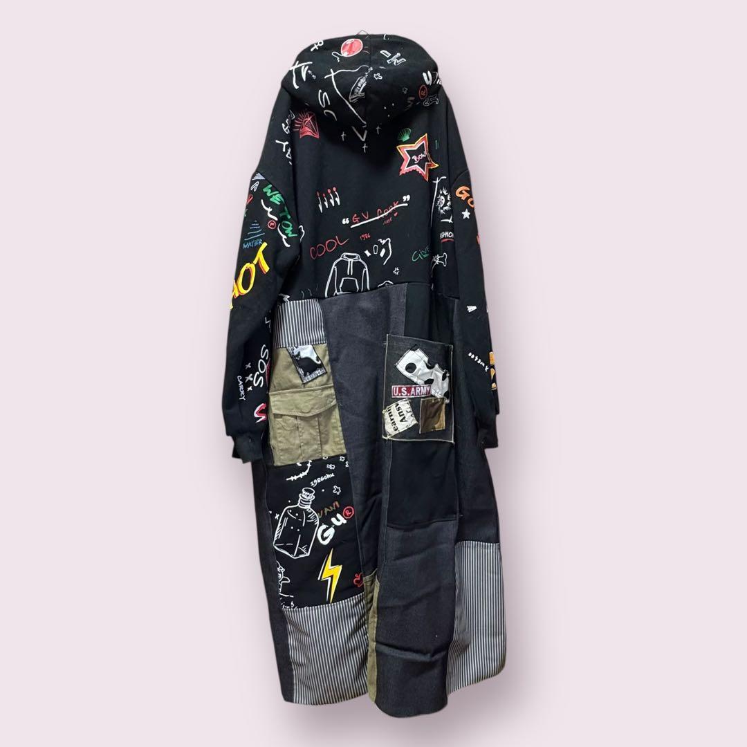 黒パーカーデニムリメイクスカートパッチワーク