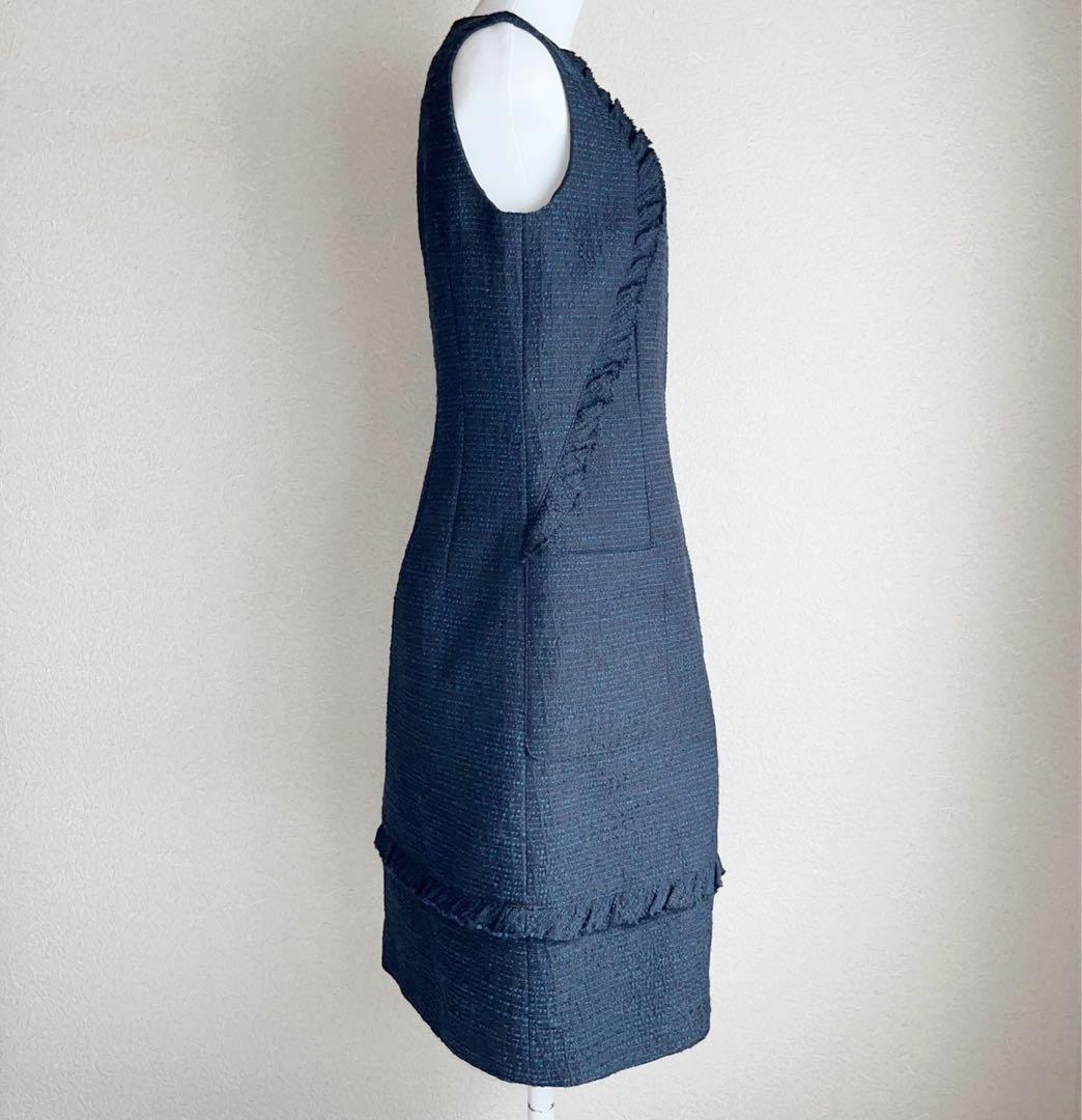 小さいサイズS✨Rene✖️TISSUE社ツイードフリルIラインワンピース紺黒