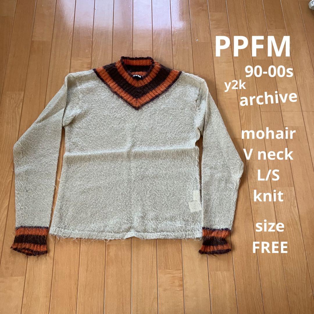 90s PPFM y2k モヘヤ　リブライン　ウールニット　セーター Vネック