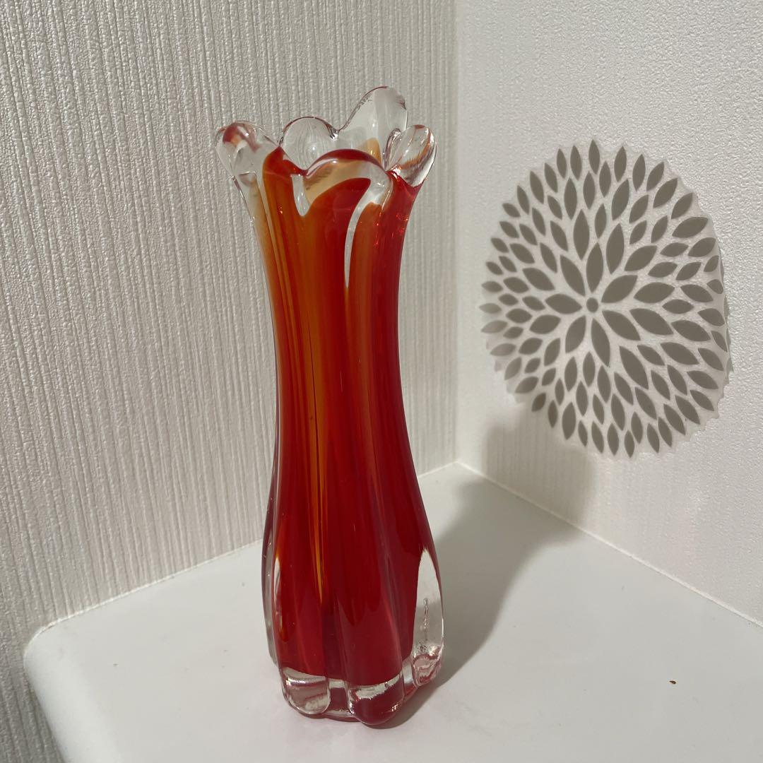 中国 乾隆硝子 朱色 赤色 花瓶 ガラス