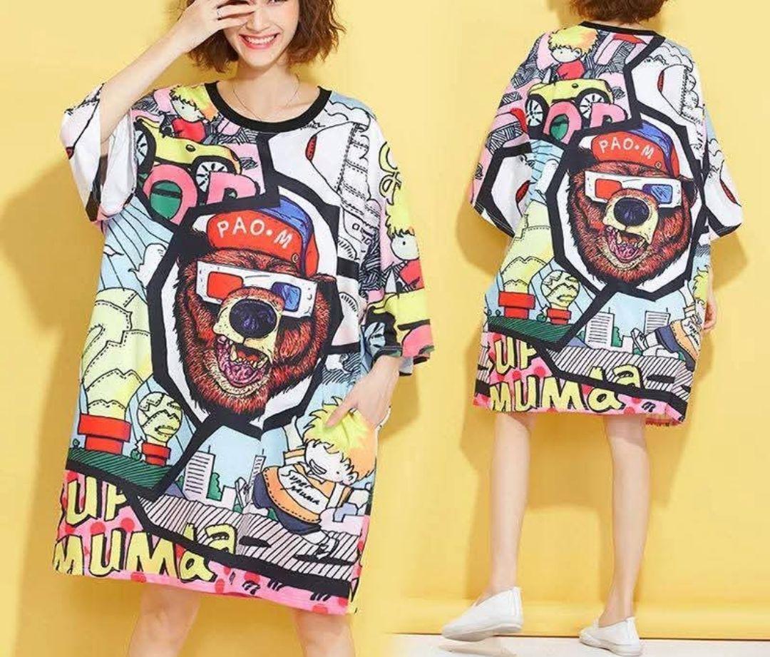 【新品】オーバーサイズ 総柄ロングTシャツワンピース クマ ポップアート派手柄