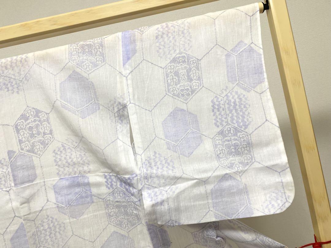 D 夏物 小千谷縮 麻 亀甲模様 白色 薄紫色 薄物 絽 紗 小紋 着物