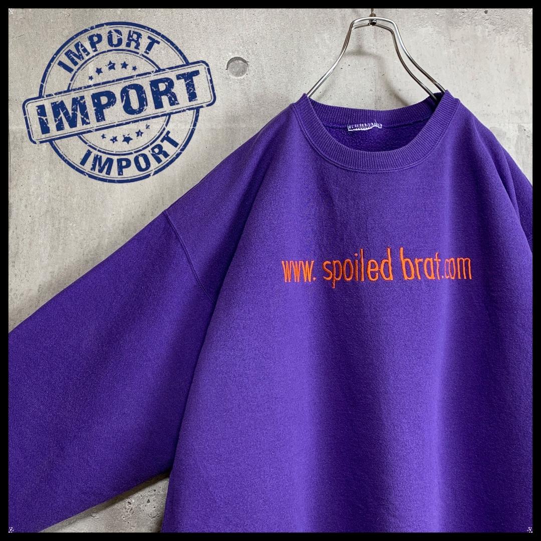 US古着スウェット刺繍紫パープルM~Lトレーナービッグロゴ企業モノ裏起毛