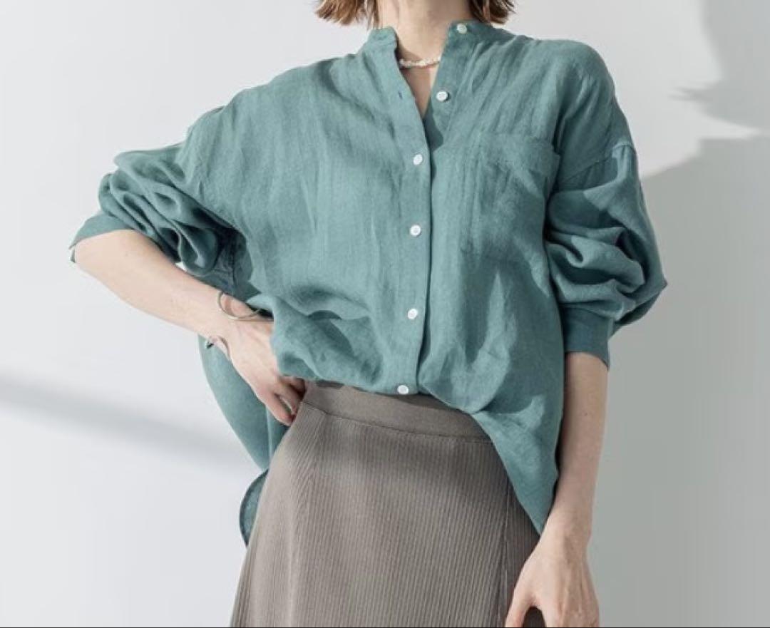 美品　23区 LIBECO HERRINGBONE PLAID 大きいサイズ44 2022 Autumn Winter New Women Loose Plus Long Style Shirts