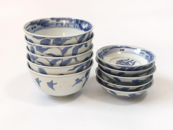 古伊万里　ころ茶碗　染付矢羽　四方襷　骨董　R1377ダB 古伊万里 ころ茶碗 染付矢羽 四方襷 骨董 R1377ダB