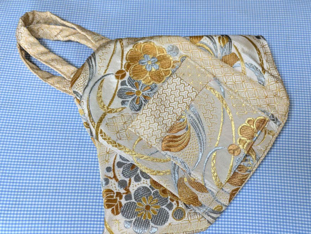 帯リメイクバッグ ハンドメイド 刺繍 オレンジゴールド 花柄