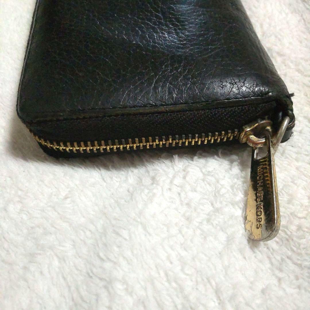 マイケルコース ラウンドジップ長財布 ブラック レザー シボ革