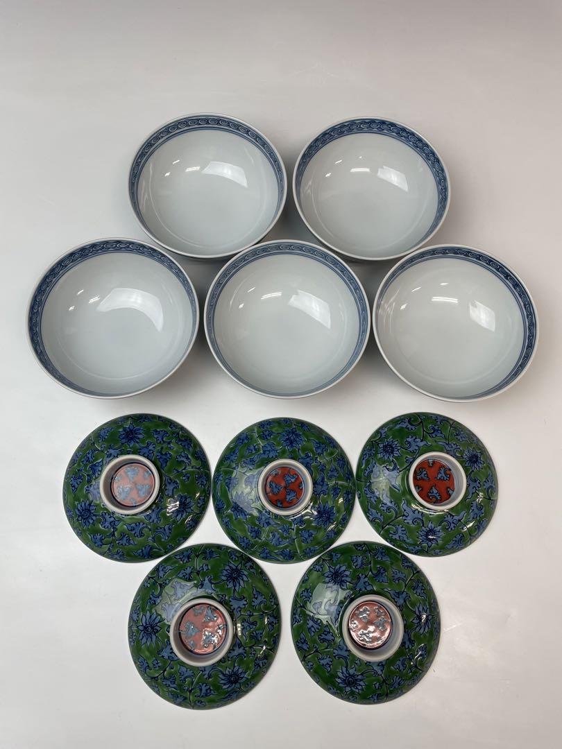 A　源右衛門作　緑彩唐草　飯碗　５客　共箱 A 源右衛門作 緑彩唐草 飯碗 5客 共箱