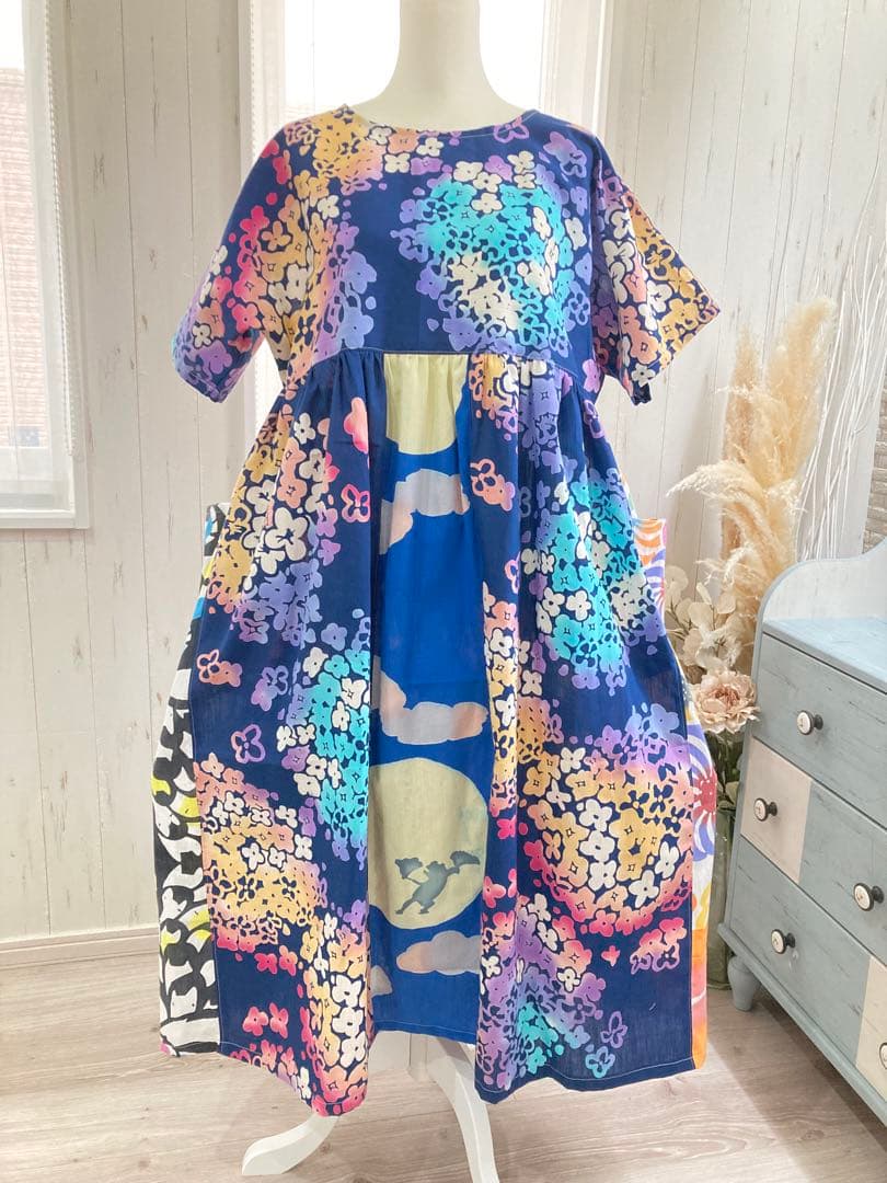 【L〜LLサイズ相当】ツモリチサト 浴衣生地リメイク ギャザーワンピース