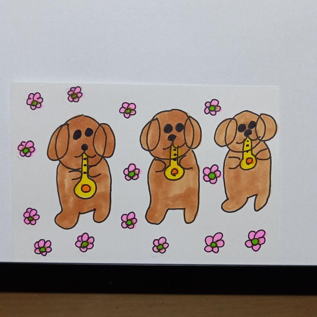 大人女性の 子供 手描きイラスト 犬の音楽隊 アート 写真