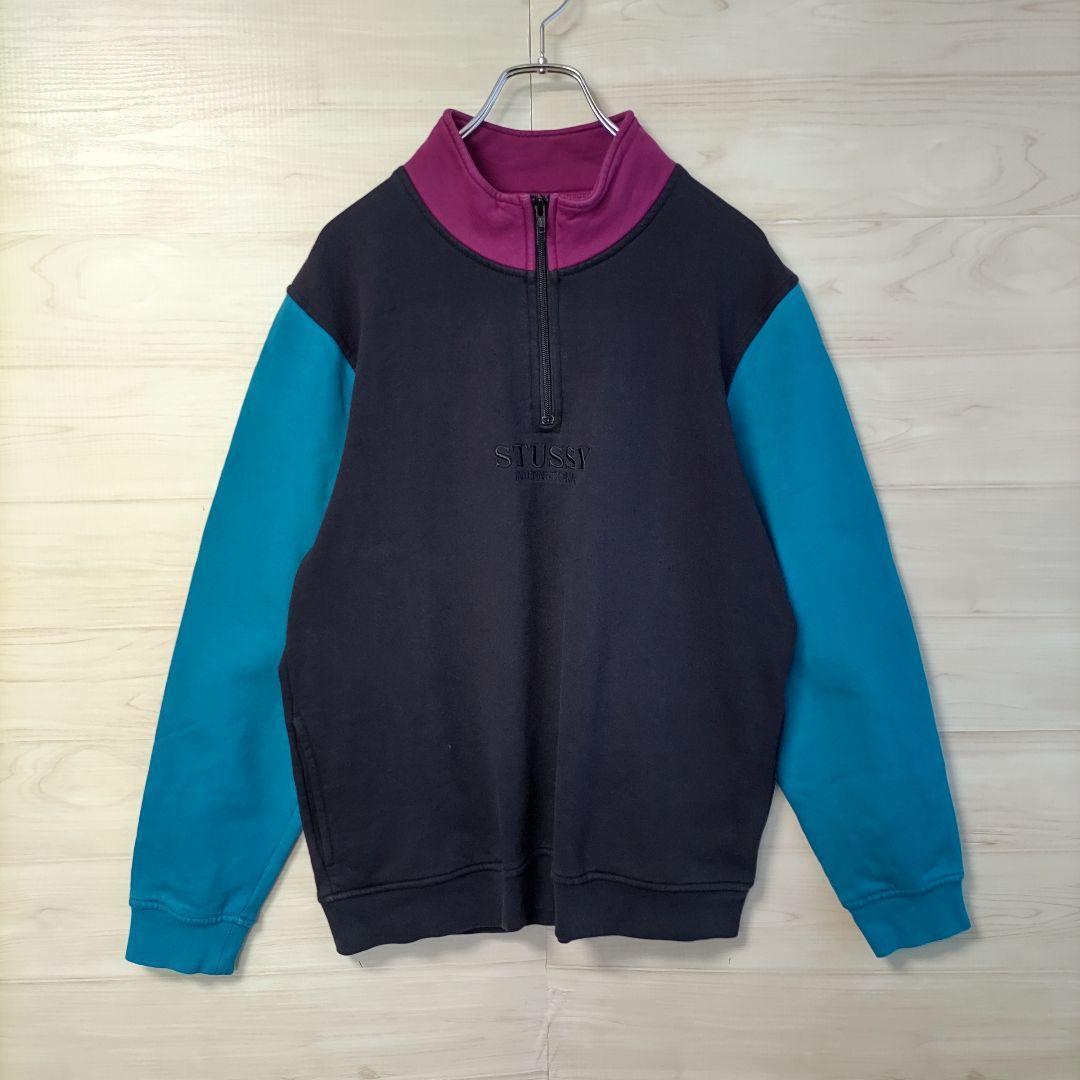 q30【即完売モデル】ステューシー★ワンポイント刺繍ロゴ ハーフジップスウェット
