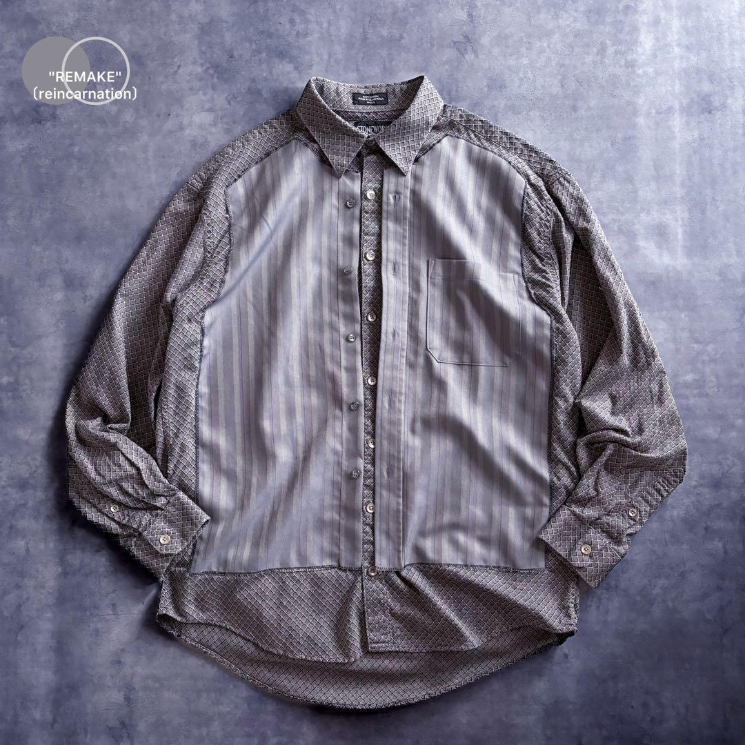 remake gray stripe art shirt.グレー シャツ 長袖L