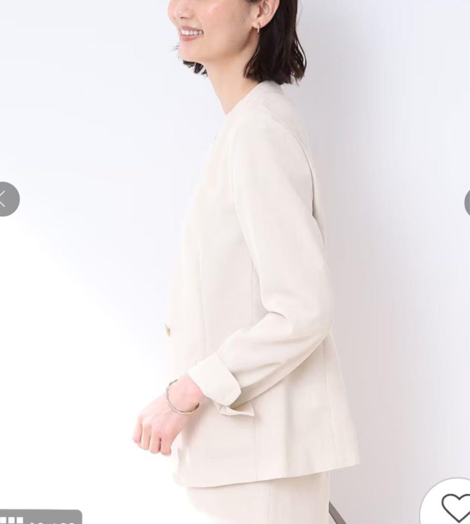 23SS・美品☆INDIVI リネン調ノーカラージャケット ベージュ 洗える