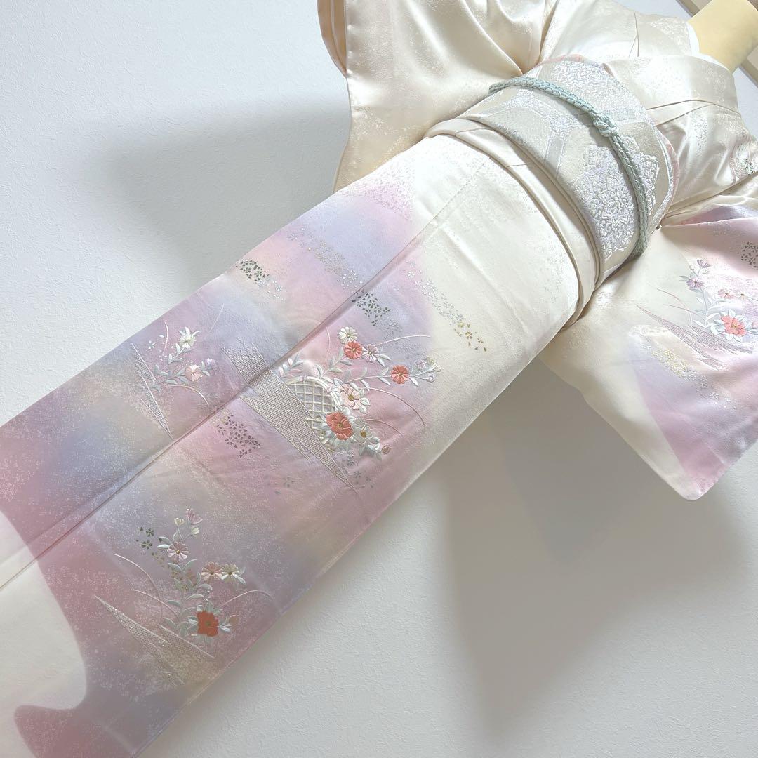 206 訪問着フルセット 正絹 クリーム オフホワイト 刺繍 金銀彩 暈し染め