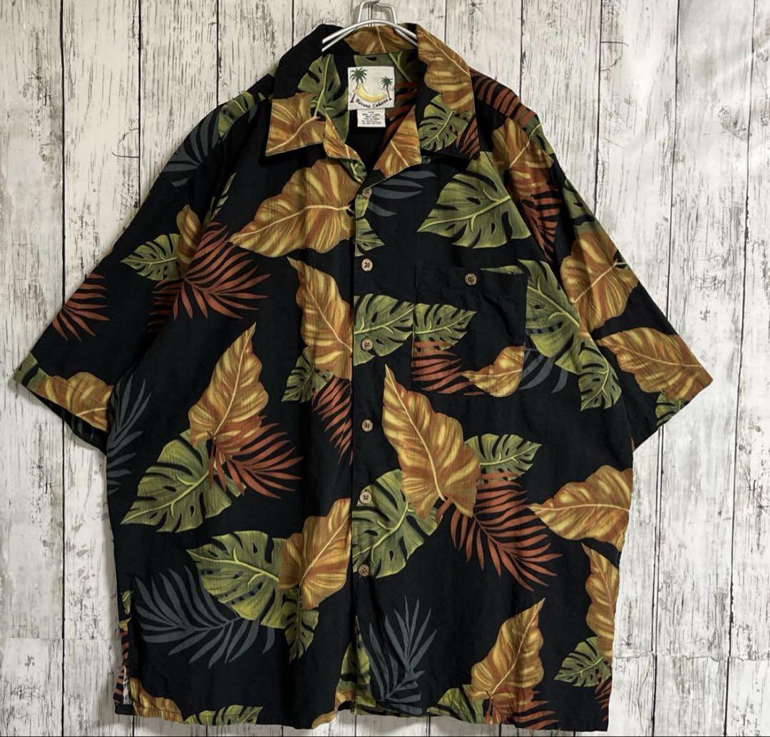 芸能人愛用 美品アロハシャツBanana Cabana 半袖シャツ シルク黒 2XL 古着 トップス