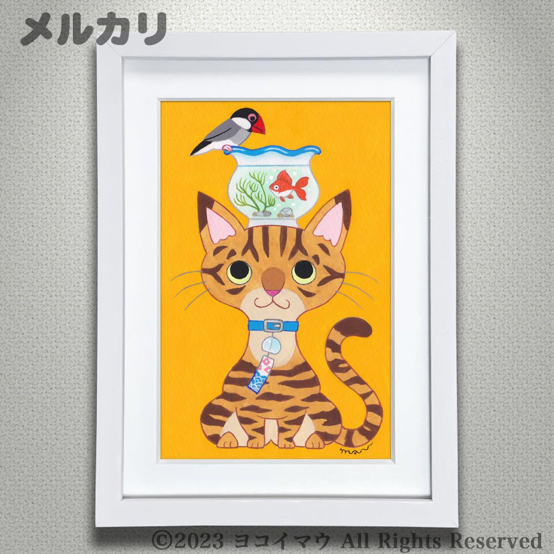 原画「茶トラ猫の頭に金魚鉢と文鳥」猫/小鳥/金魚/イラスト