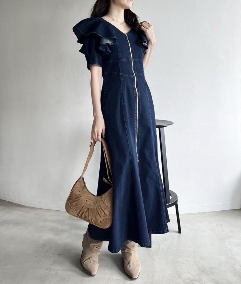 NICE CLAUP フリル袖ダークブルーデニムロングワンピース NICE CLAUP フリル袖ダークブルーデニムロングワンピース - メルカリ