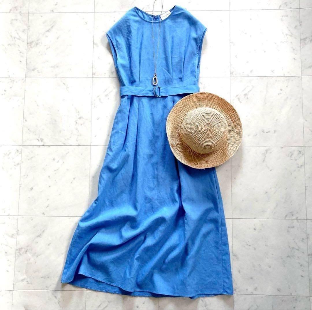 美品 ユナイテッドアローズ リネン混 ベルト ワンピース ブルー