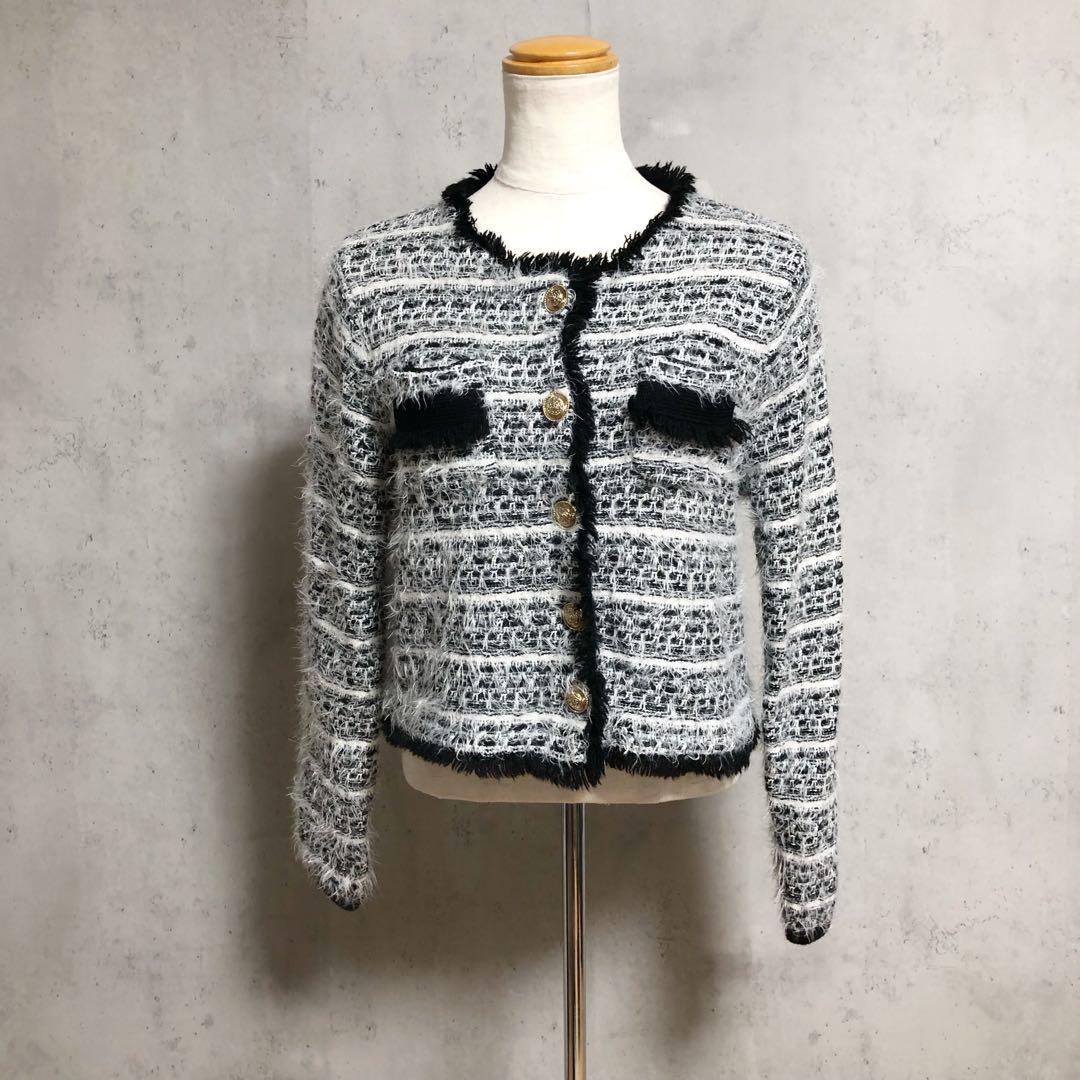 美品　foufou / フーフー ニットツィードノーカラージャケット