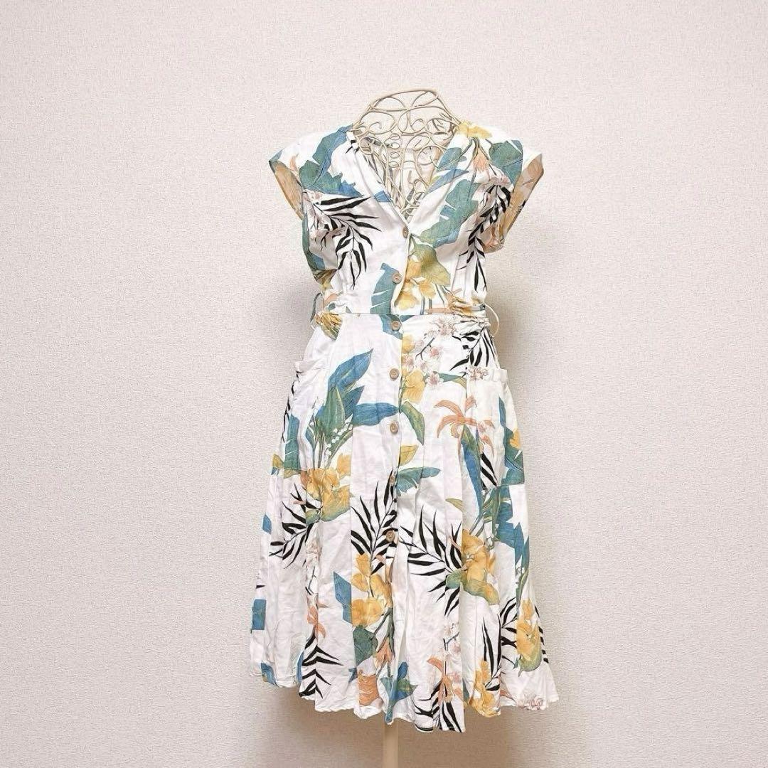 ZARA リーフ柄 ボタニカル ワンピース リネン 麻 花柄 リボン Vネック