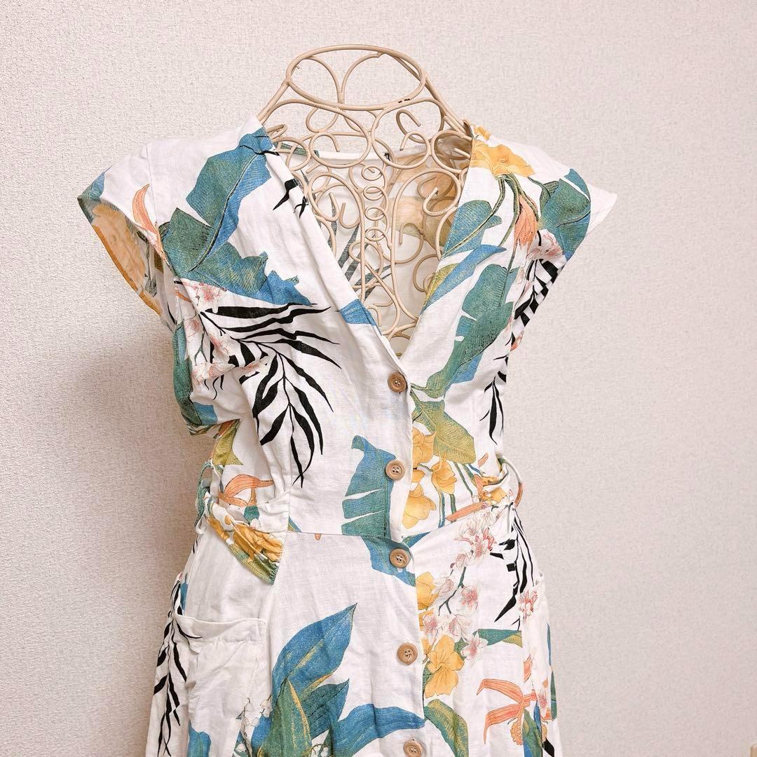 ZARA リーフ柄 ボタニカル ワンピース リネン 麻 花柄 リボン Vネック