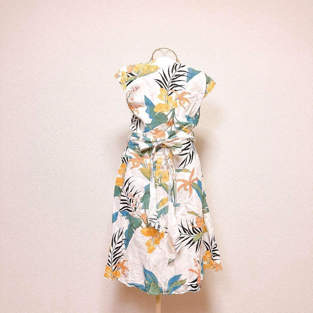 ZARA リーフ柄 ボタニカル ワンピース リネン 麻 花柄 リボン Vネック
