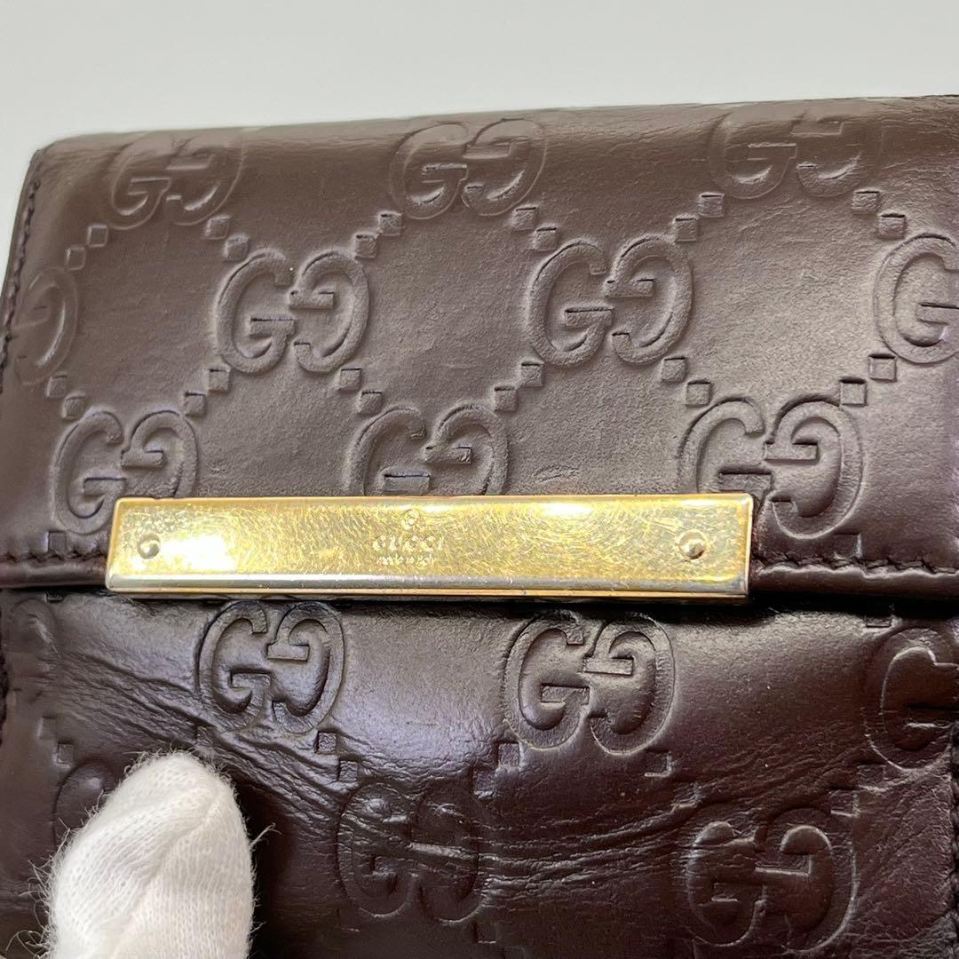 GUCCI 二つ折り財布 GG柄 シマレザー ゴールド金具 ダークブラウン 本革