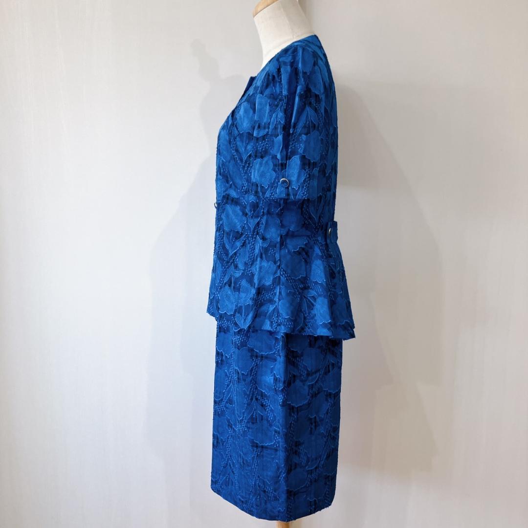 【美品】　ラルフベイカー　花柄チェックコンビジャケットスカートセットアップブルー