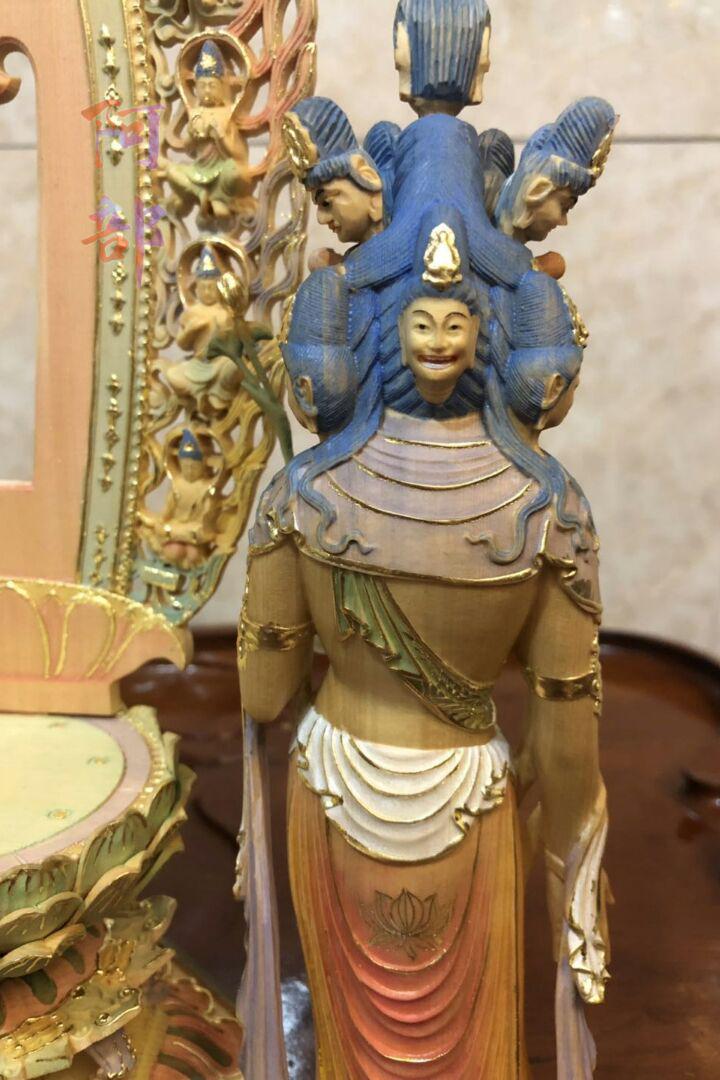 木彫り 仏像 十一面観音菩薩 観音像 極彩色絵系 時代美品 彫刻 高級な供養品