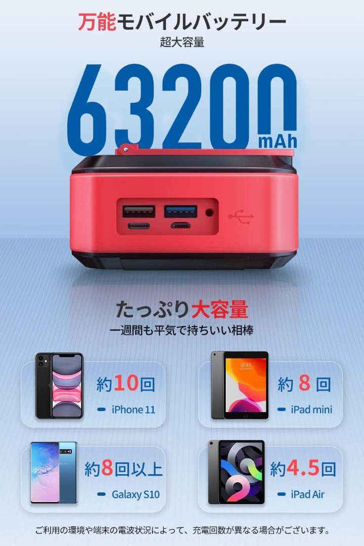 モバイルバッテリー 大容量 63200mAh 手回し充電 急速充電 6台同時充電