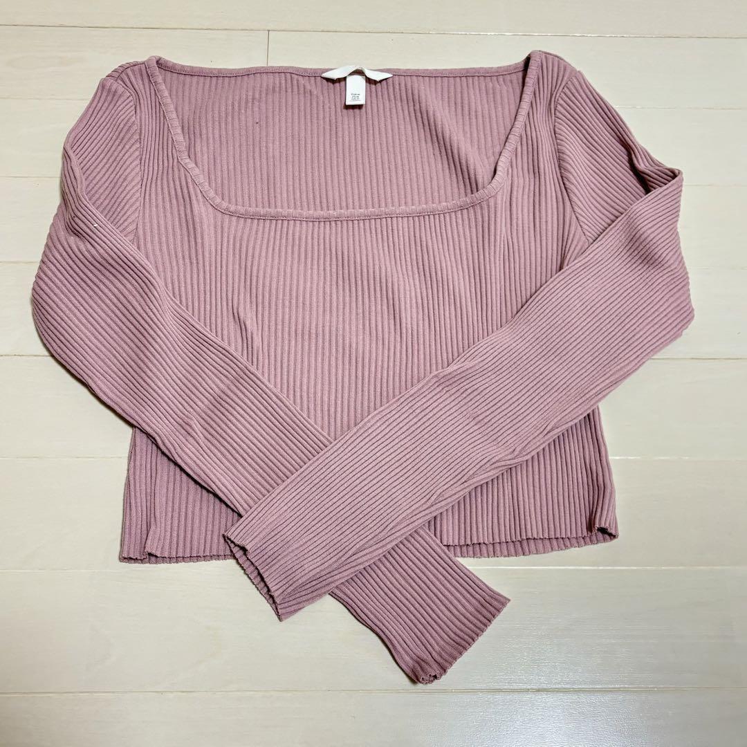 h&m ピンク　リブ　トップス　韓国　クラシック