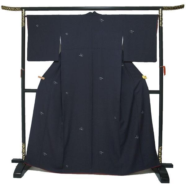 小紋 着物 袷 刺繍 地紋 竹の丸 濃グレー 絹 裄66 L 中古 sn1567