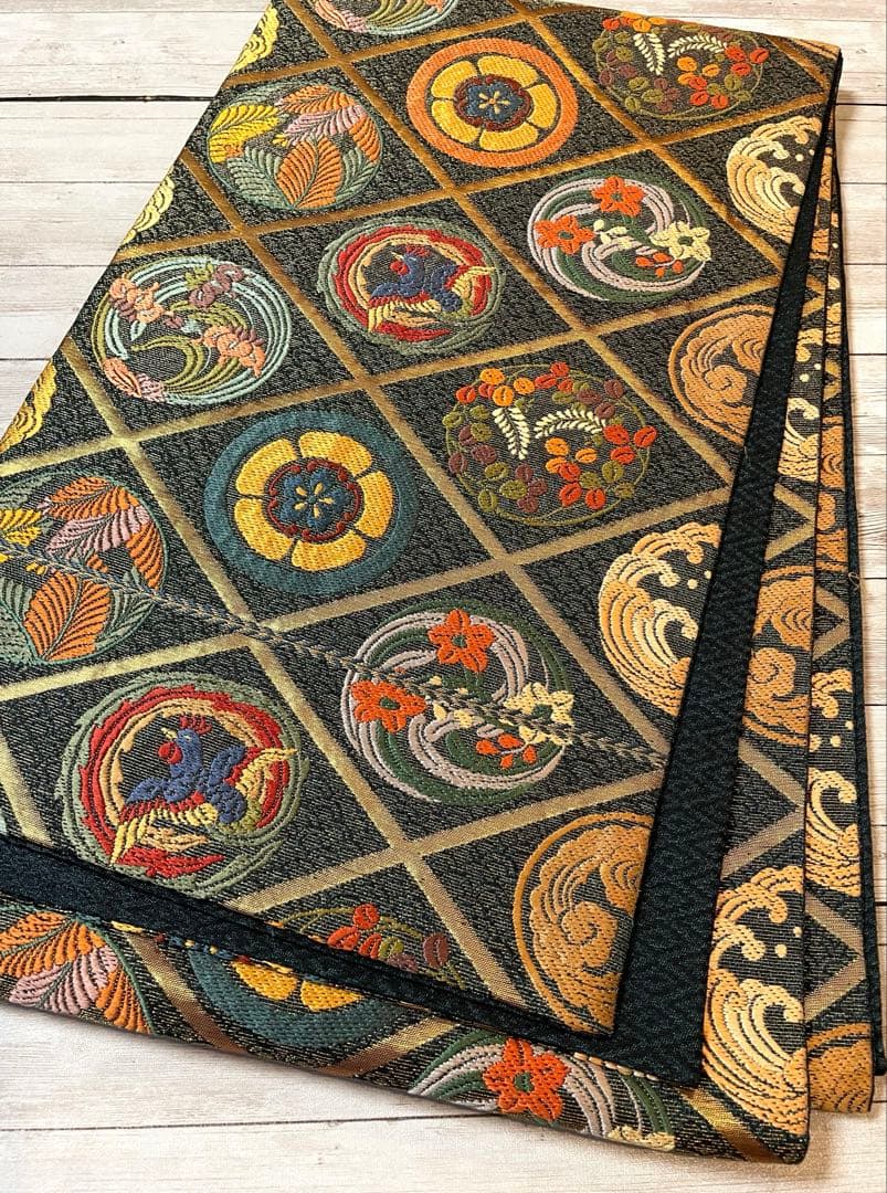 正絹 唐織 六通柄袋帯 菱取能衣文 金糸 深い緑の地 華麗な逸品 美品