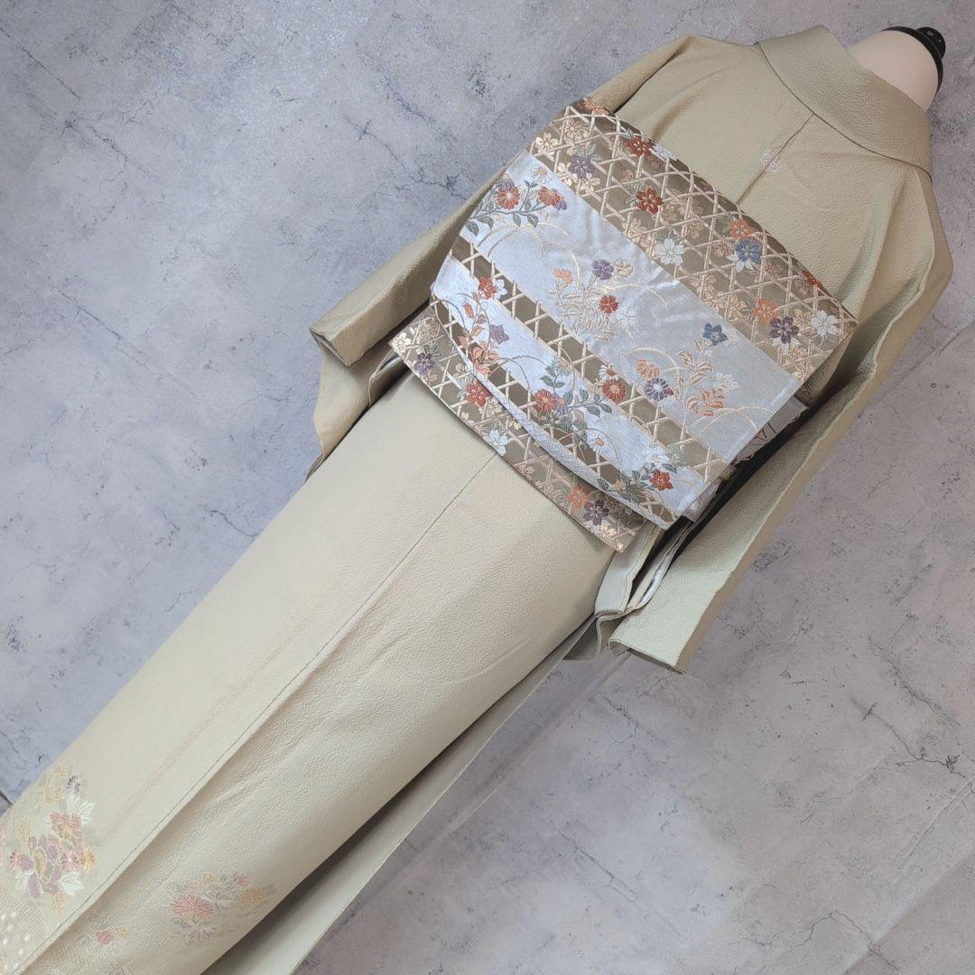 訪問着　フルセット　付け下げ　着物　正絹　蘇州刺繍　黄緑　若草色　花　C2