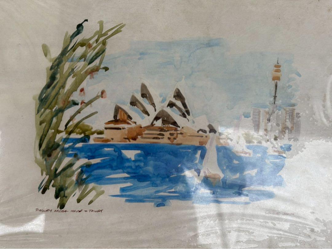 サイン付き　お洒落　水彩画 シドニーオペラハウスとタワー サイン付き お洒落 水彩画 シドニーオペラハウスとタワー