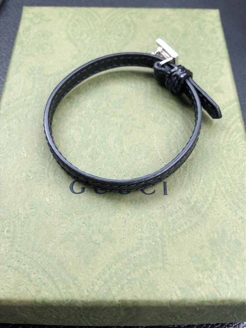 付属品完備 GUCCI Line Stone Leather Bracelet