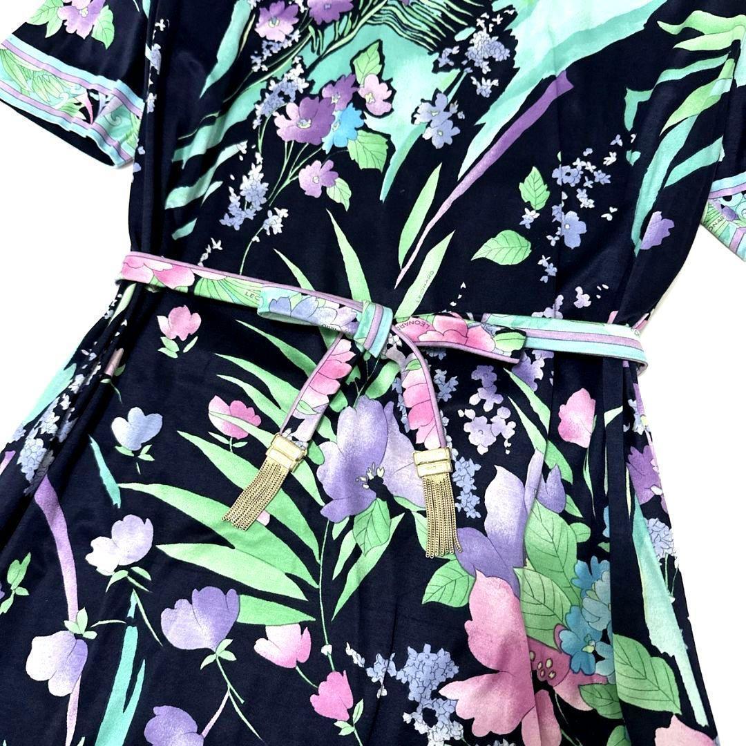 極美品✨ レオナール　ロングワンピース　総柄　トリム　ベルト　ロゴ　L　高級 極美品✨ レオナール ロングワンピース 総柄 トリム ベルト ロゴ