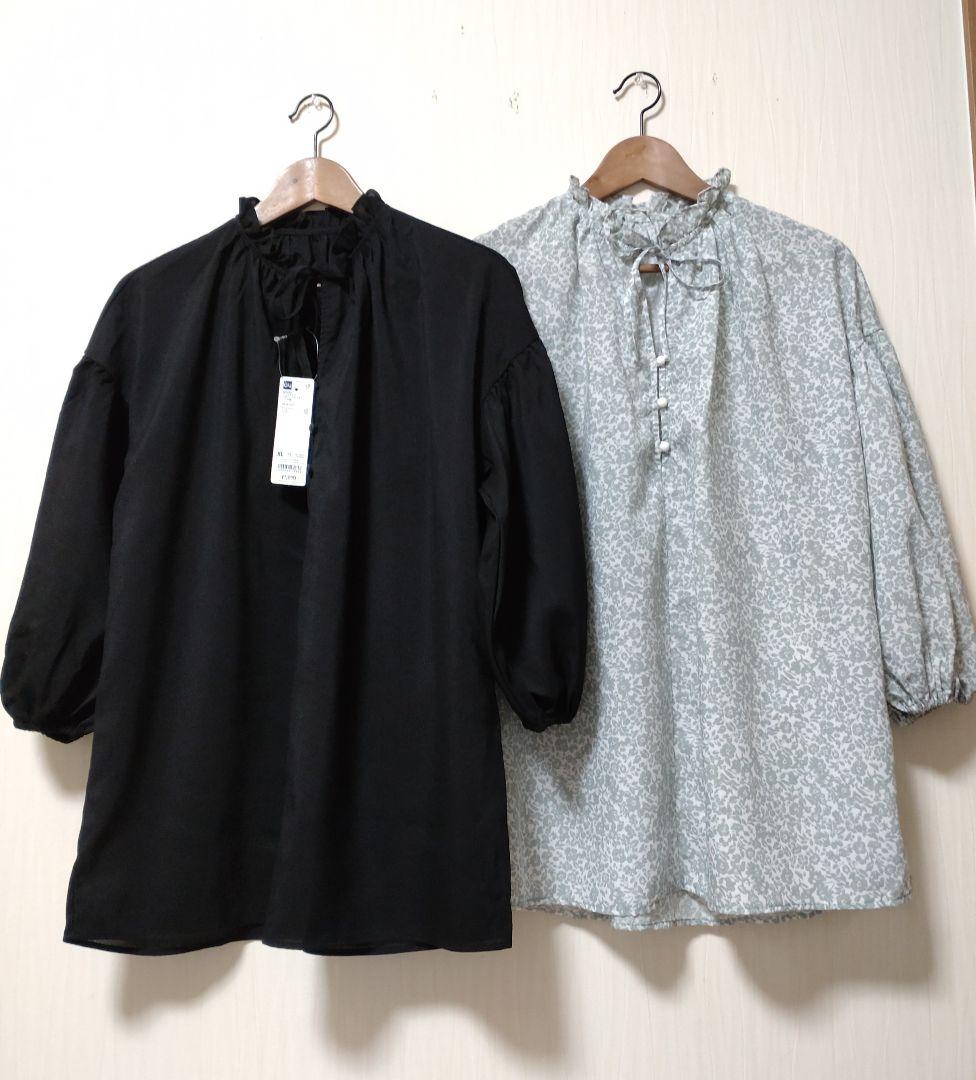 ○新品タグ付き未使用 黒色 フリルネックペザントブラウス（7分丈）と花柄1枚○