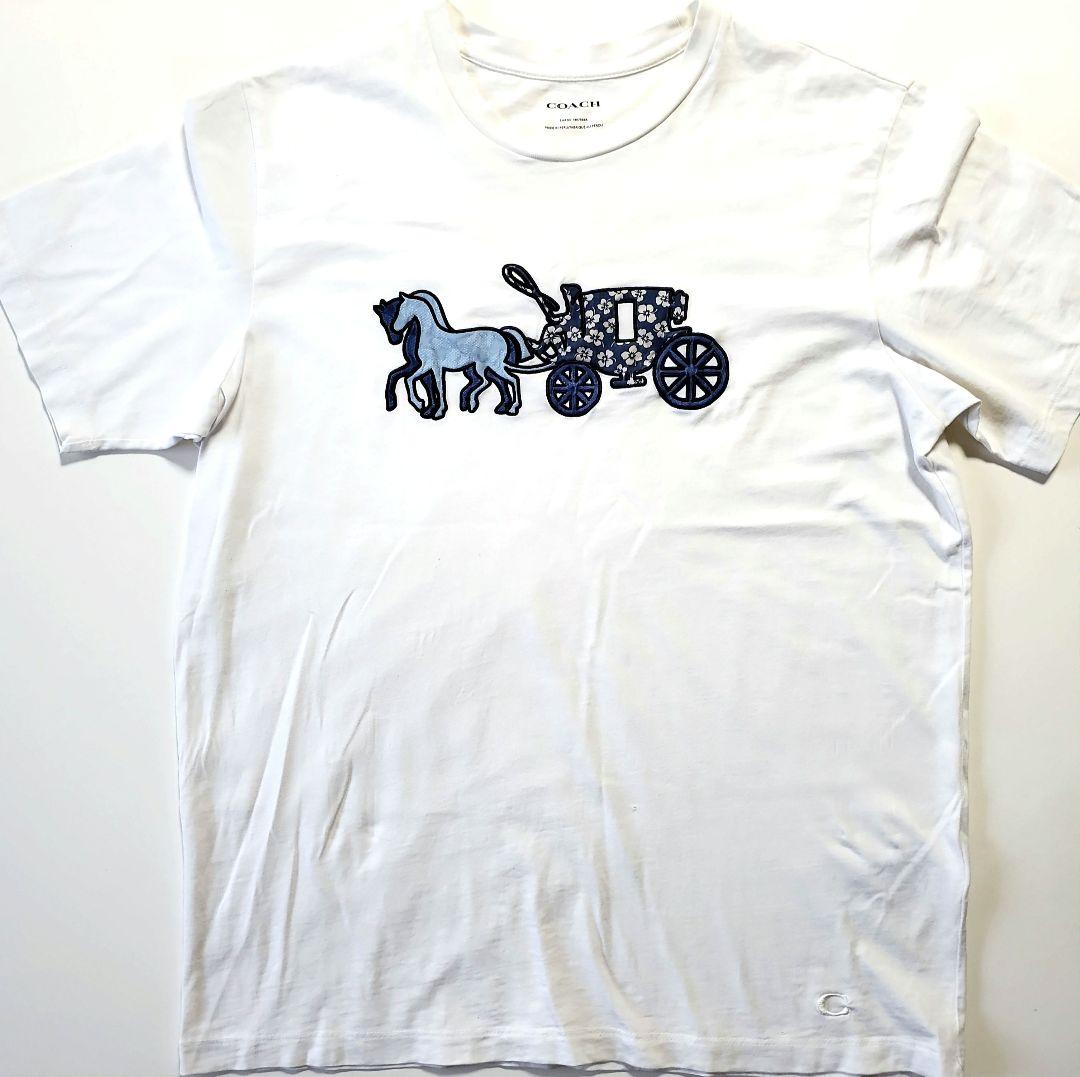【Coach】馬車デザインがクール!! コットンTシャツ COACH 馬と馬車 刺繍 花柄 白 Tシャツ - メルカリ