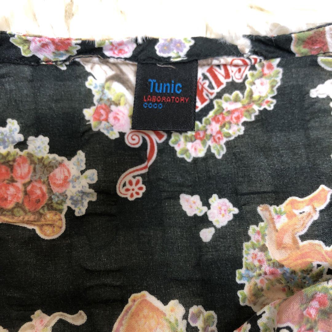 TUNIC 半袖ルームウェア・ワンピ　バラ・エンジェル柄プリント　黒