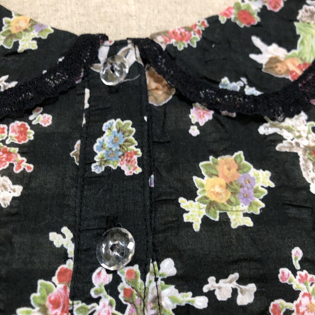 TUNIC 半袖ルームウェア・ワンピ　バラ・エンジェル柄プリント　黒