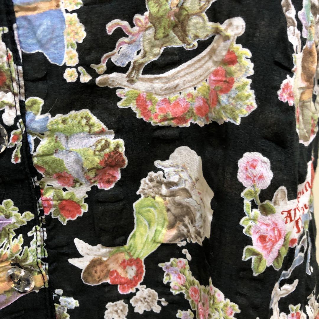 TUNIC 半袖ルームウェア・ワンピ　バラ・エンジェル柄プリント　黒