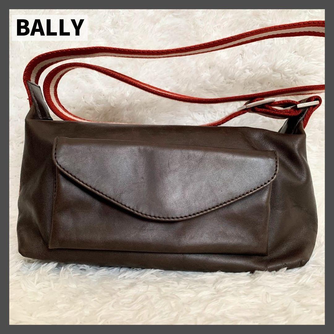 極美品　バリー　ショルダーバッグ　トレスポ　ストライプ　レザー　ダークブラウン