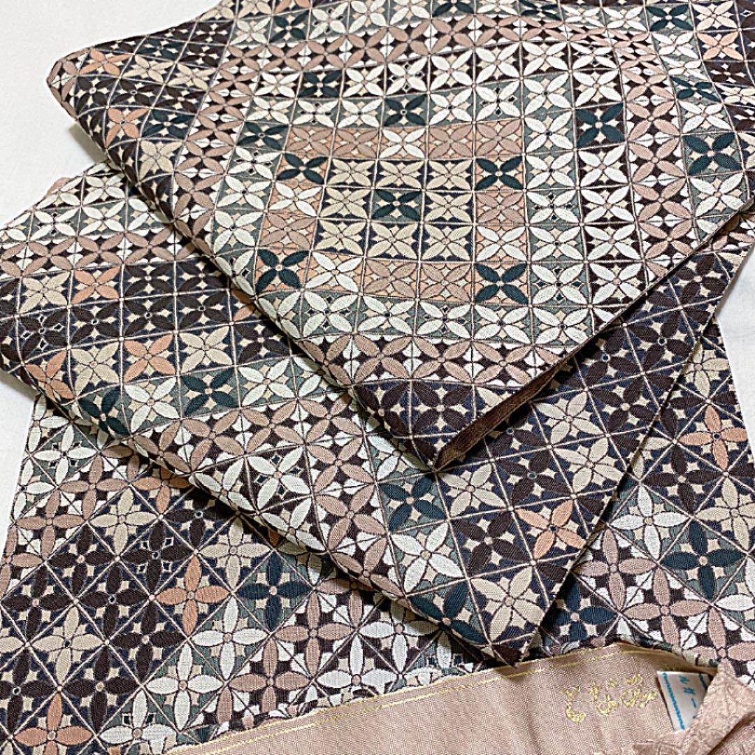 となみ織物 幾何学文様の袋帯 未使用品 六通柄 正絹 銀糸 ガード