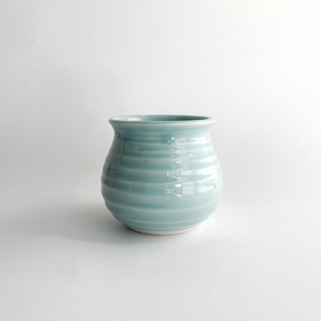 花器花瓶フラワーベース水色丸青青磁古道具昭和レトロ生け花陶器