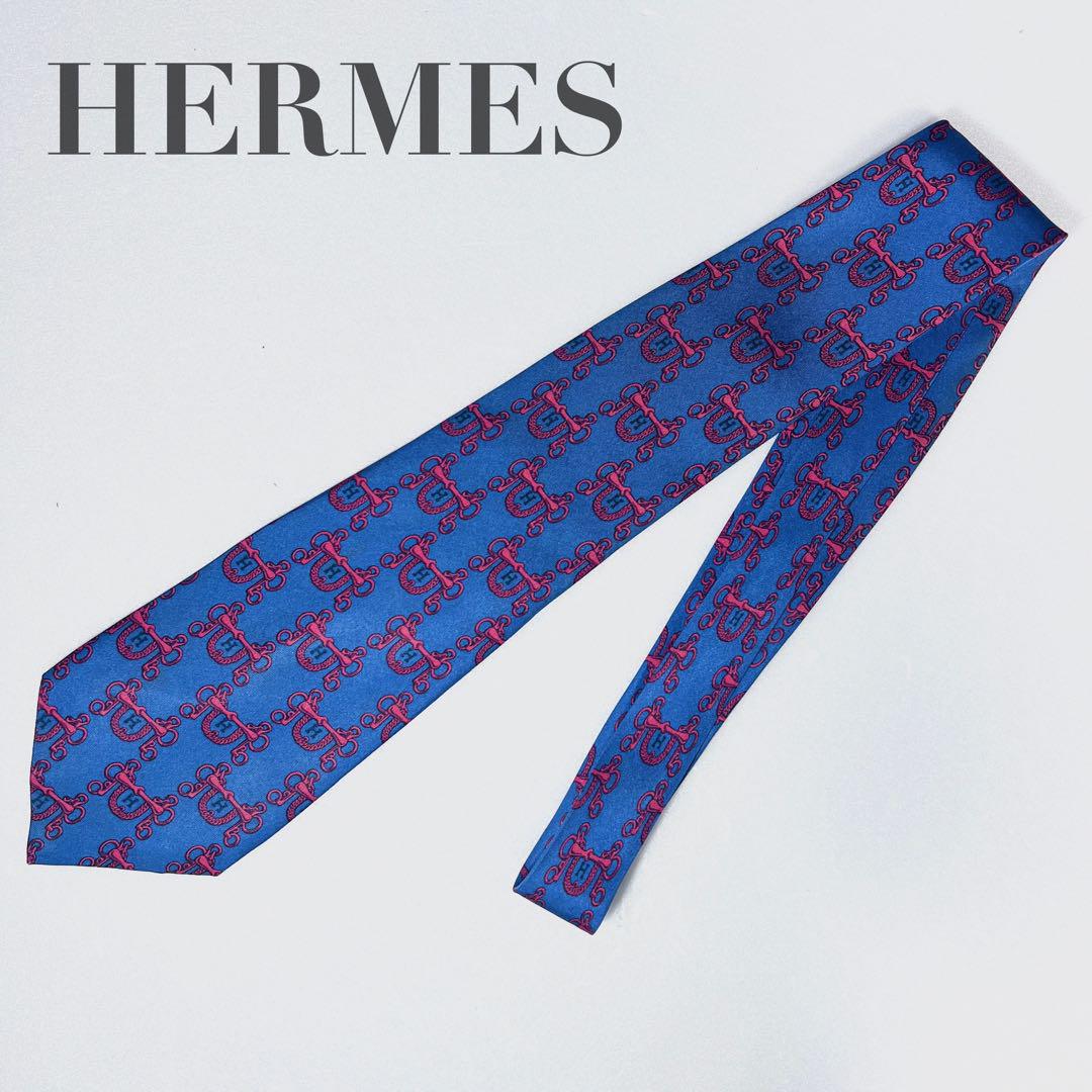 【美品】HERMES エルメス 総柄 メンズ ネクタイ シルク100% ネイビー 5,712円